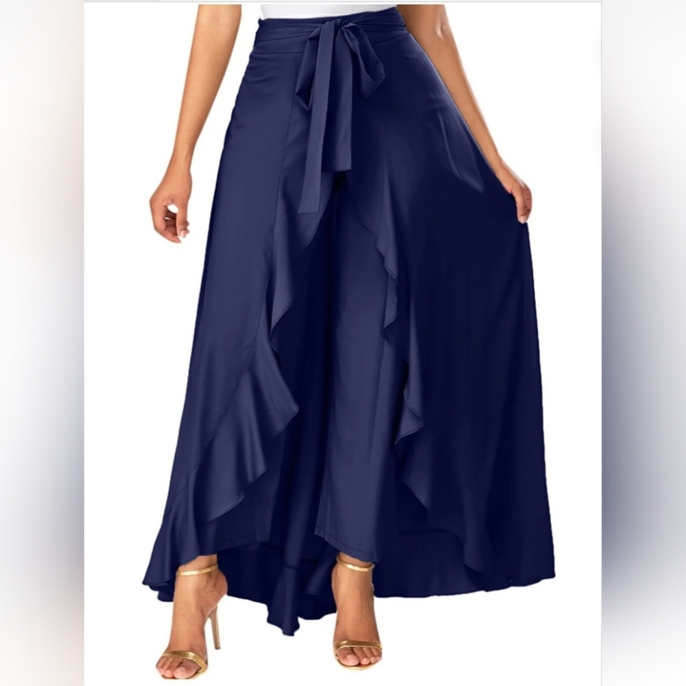 NEW Slanna Navy Blue Tie-Waist Rayon Ruffle Skirt Pants XL Boho Maxi Palooza NWT